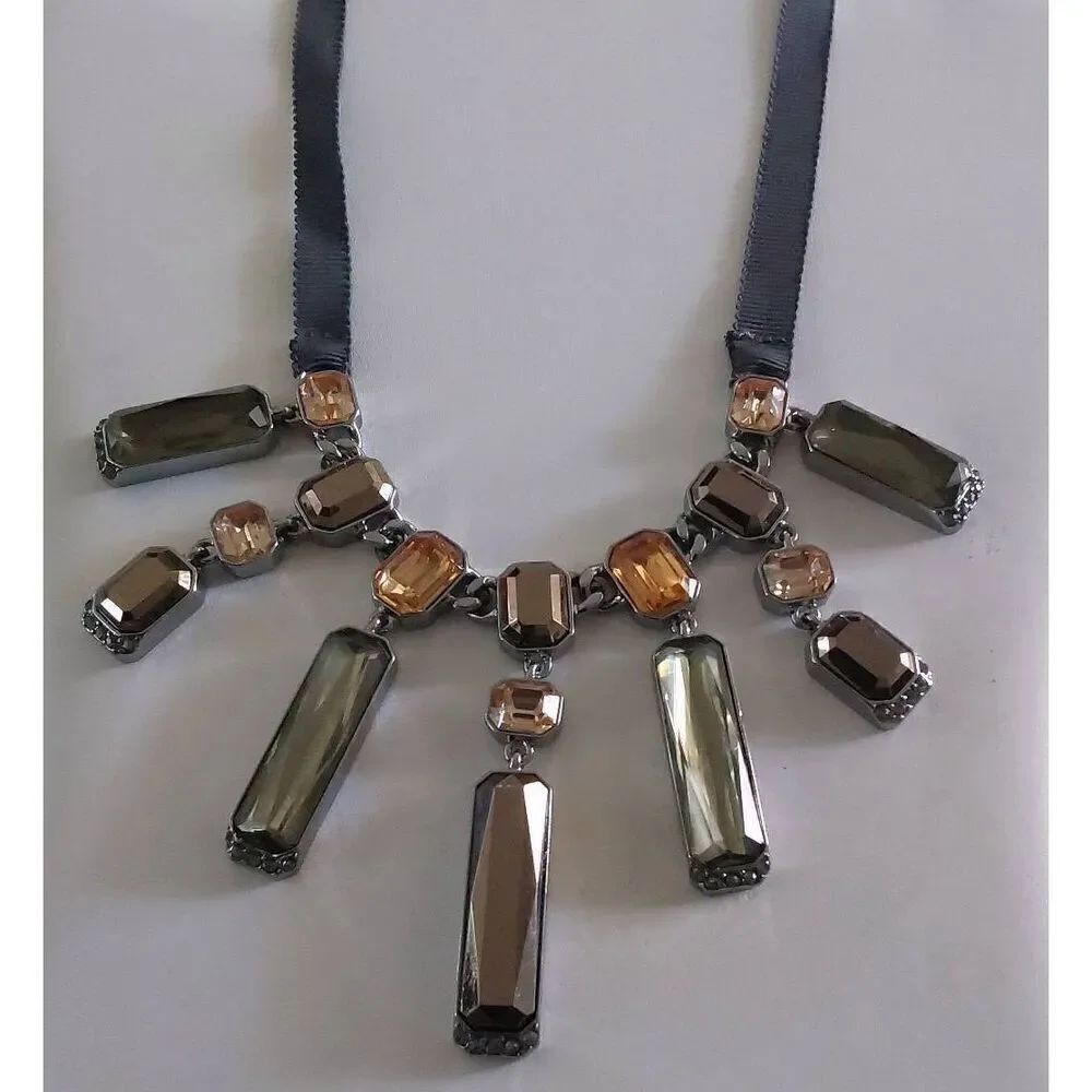Signed VERA WANG Silver Ribbon & Multi Color Rhinestone Chunky Bib Necklace
